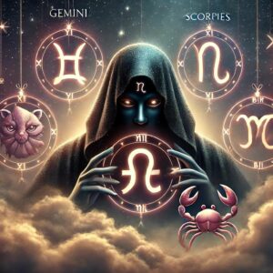 Immagine astrologica che rappresenta i segni zodiacali più ingannevoli, come Gemelli, Pesci, Scorpione, Bilancia e Sagittario, avvolti in un'atmosfera misteriosa